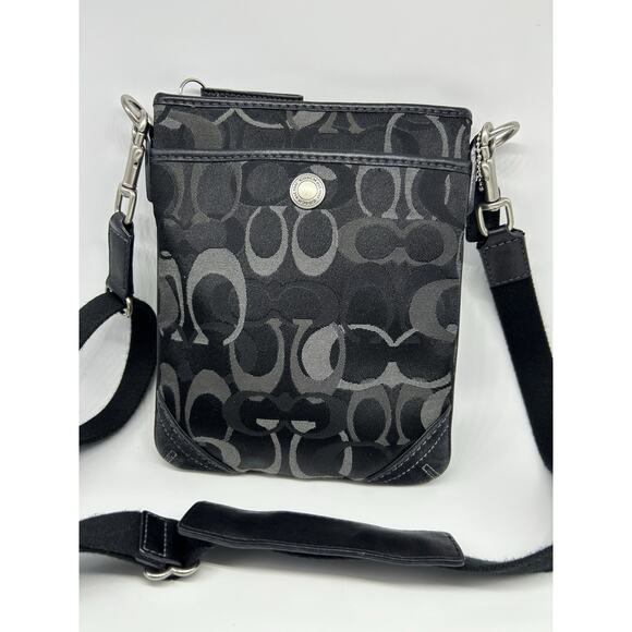 Coach Signature Black Crossbody Messenger Bag Fabric & Leather Strap Adjustable - Picture 1 of 8